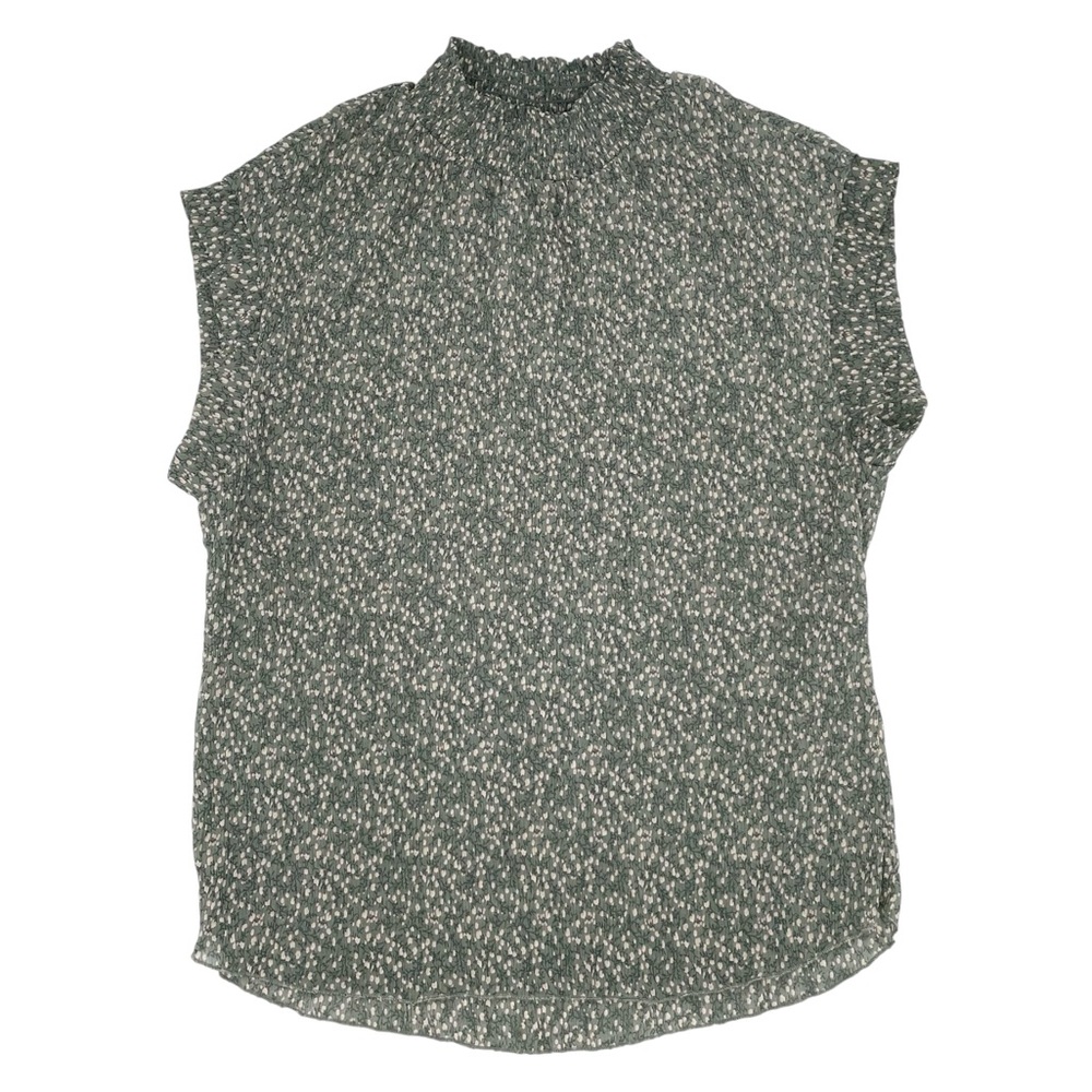 Monteau Short Sleeve Shirred High Neck Blouse Size Large Green Floral Crinkle